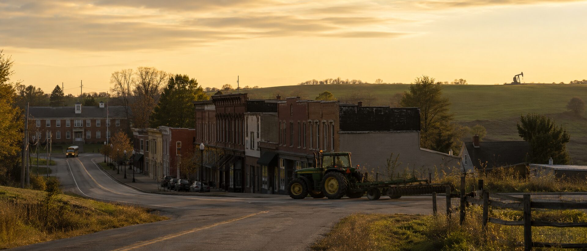 Small-town Ohio Main Street with a tractor crossing the road and a pumpjack silhouette on the hill beyond