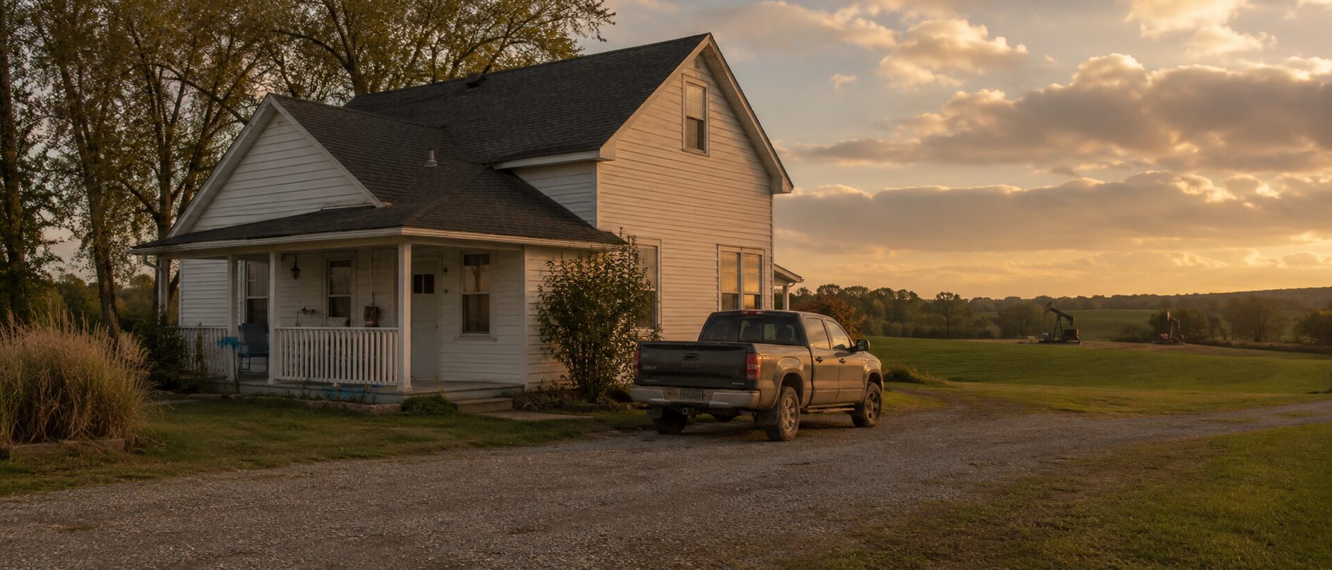 Farmhouse-style Cutter Oil field office at golden hour with a pickup truck parked out front and pumpjacks in the field beyond