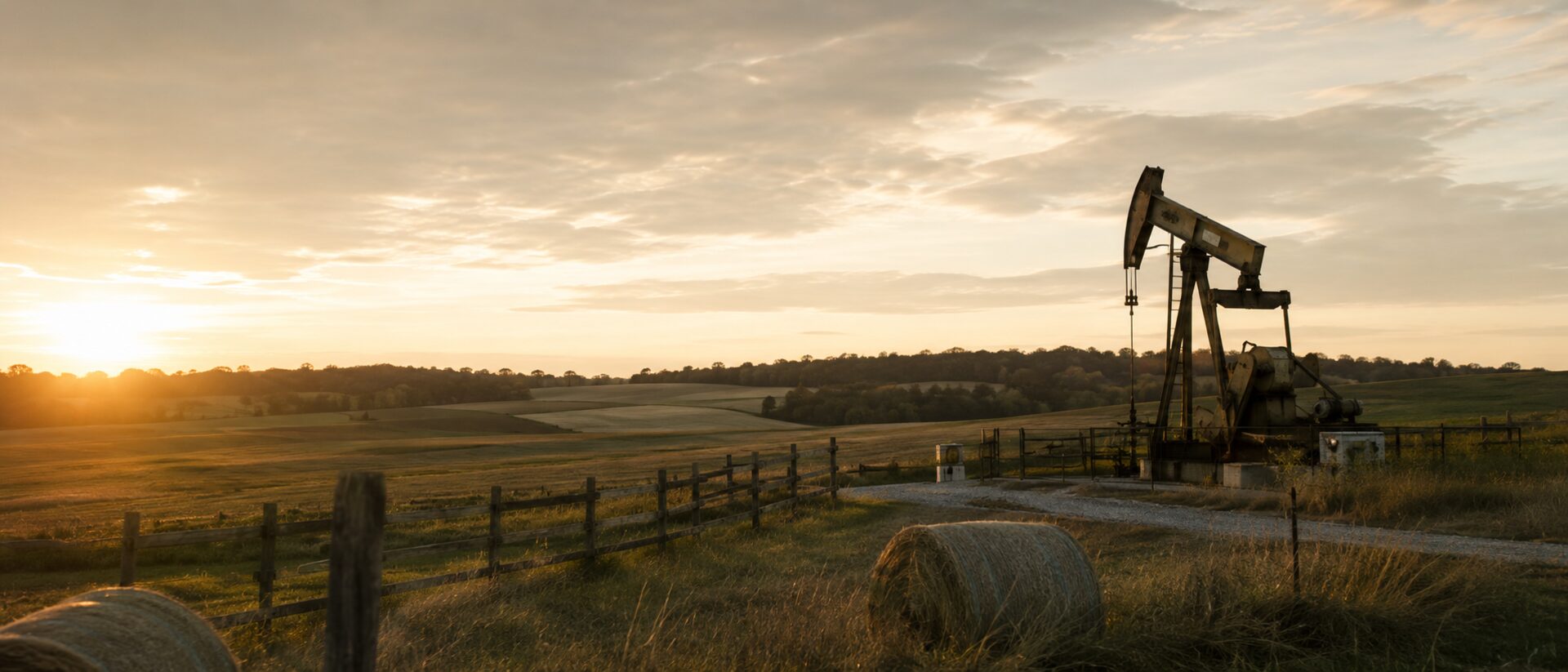 Golden-hour view of an Ohio farm field with a conventional pumpjack well in the distance