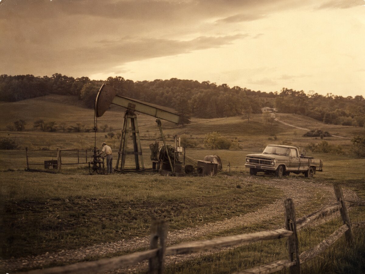Archival-style photograph of an Ohio oilfield and pickup truck, warm sepia tone