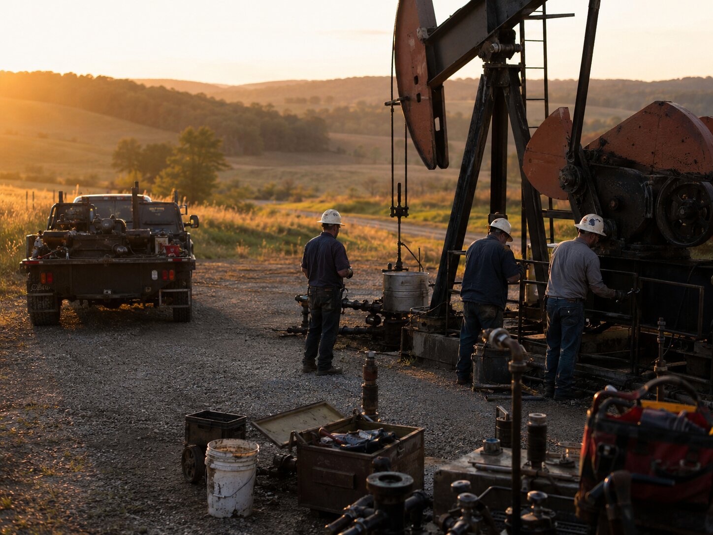 Field crew performing routine maintenance at a conventional Ohio well site at golden hour